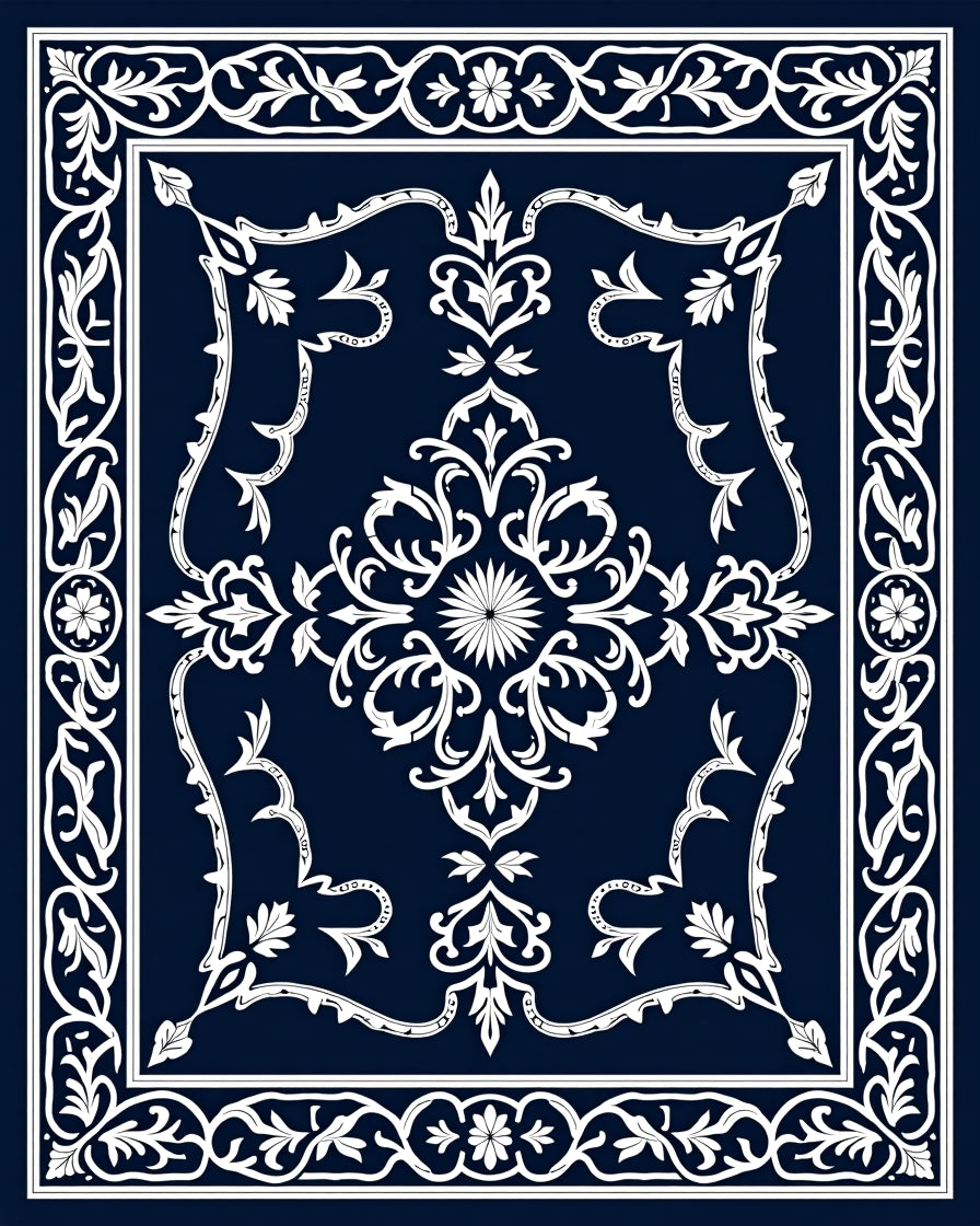 Ornate Floral Vine Dark Blue Rug