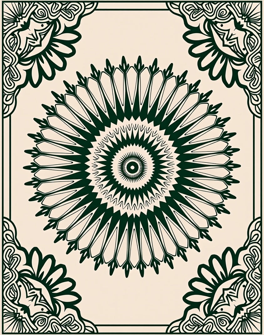 Intricate Dark Green Mandala Pattern Rug