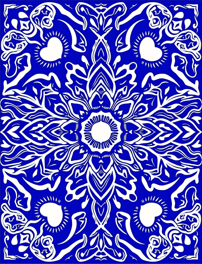 Bold Blue White Heart Mandala Design Rug