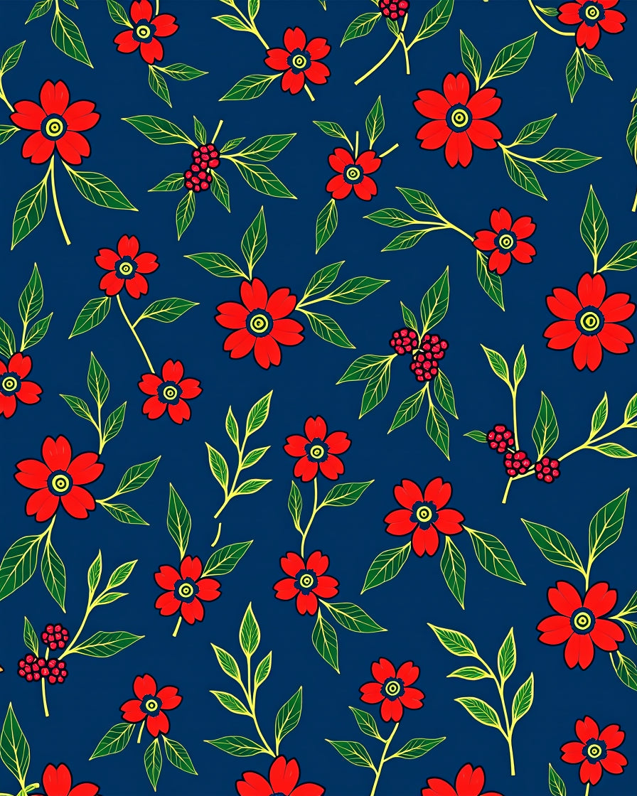 Red Floral Foliage On Navy Background Rug