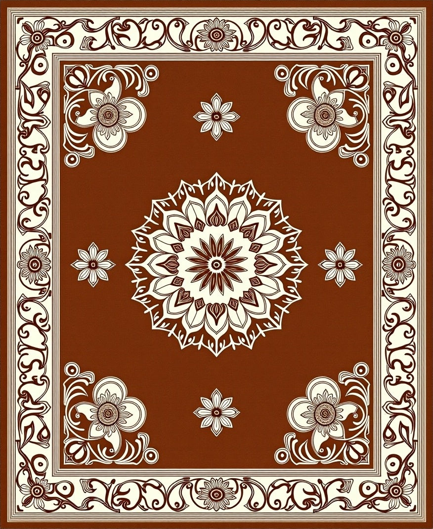 Brown Floral Mandala And Border Rug