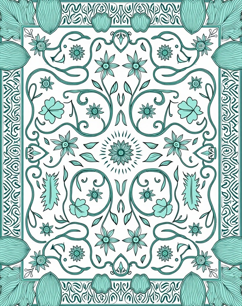 Aqua Floral Vine Medallion Design Rug