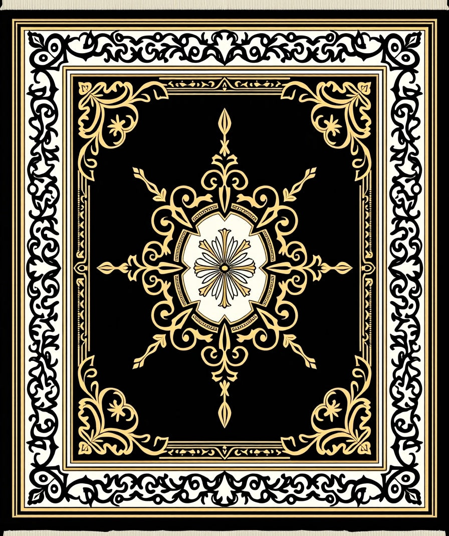 Elegant Black Gold Floral Ornament Rug