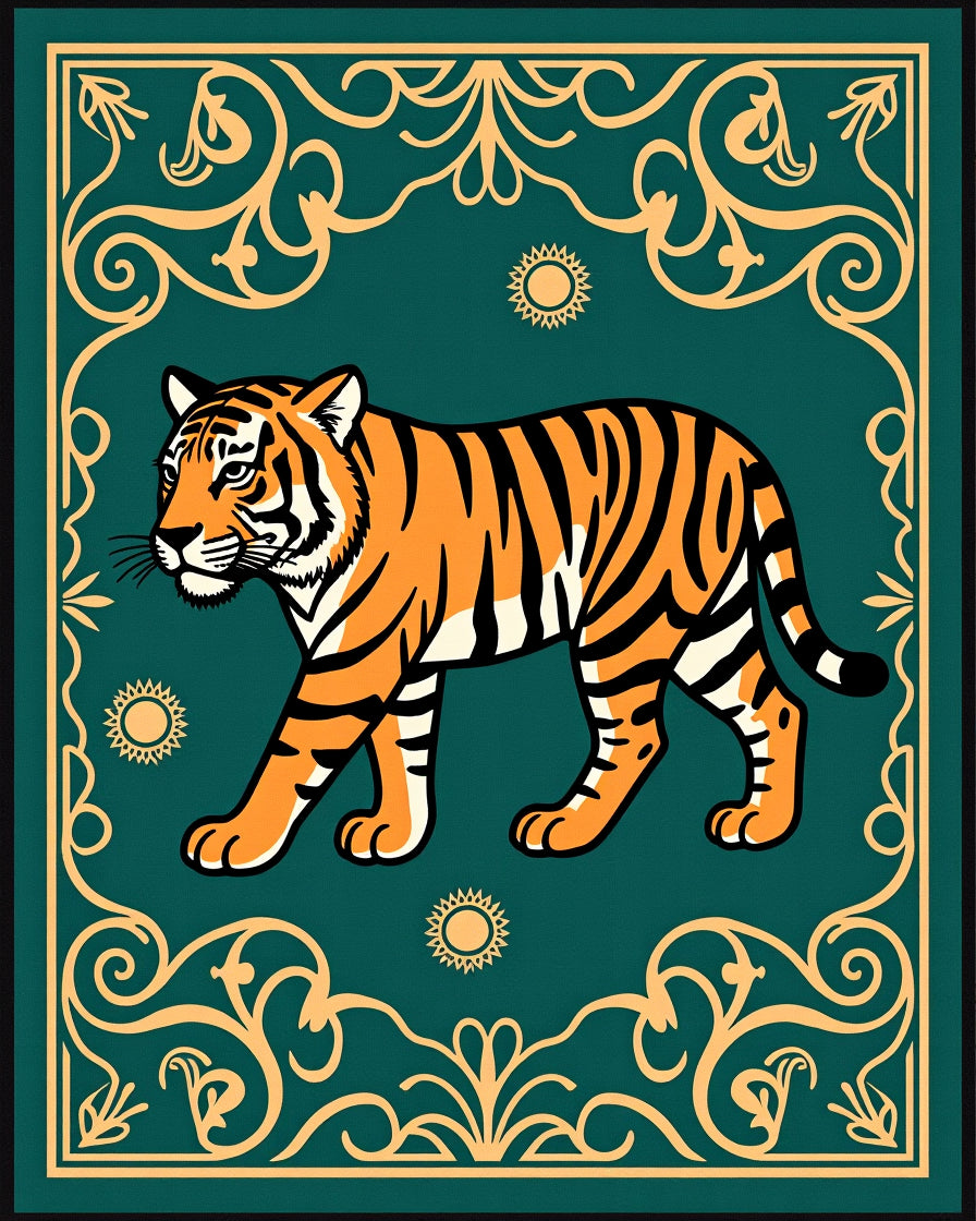 Tiger With Sun Scrollwork Design Rug