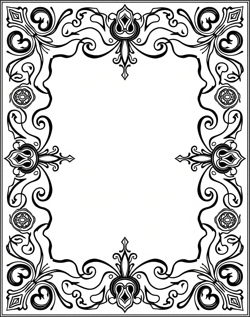 Ornate Black Swirl Corner Border Design Rug