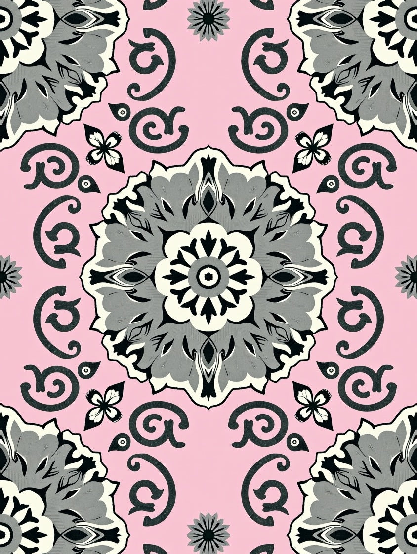 Pink Gray Floral Mandala Pattern Rug