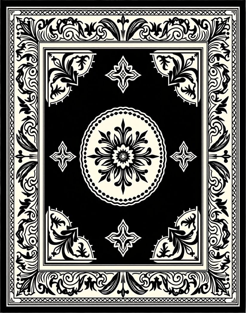 Black and Cream Floral Mandala Border Rug