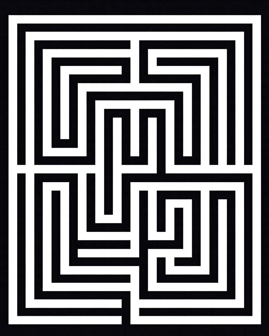 Black White Geometric Maze Pattern Rug