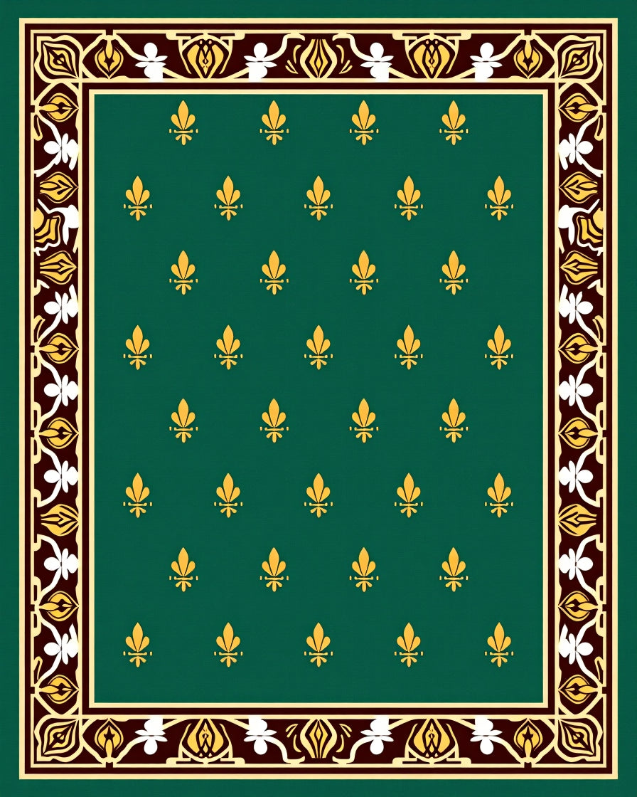 Ornate Green Gold Fleur De Lis Rug