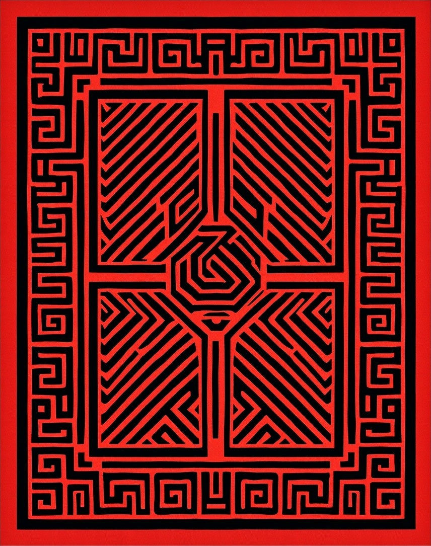 Bold Red Black Geometric Maze Design Rug