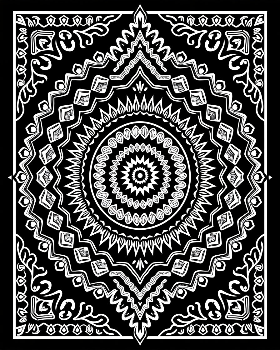 Intricate Black White Mandala Pattern Rug