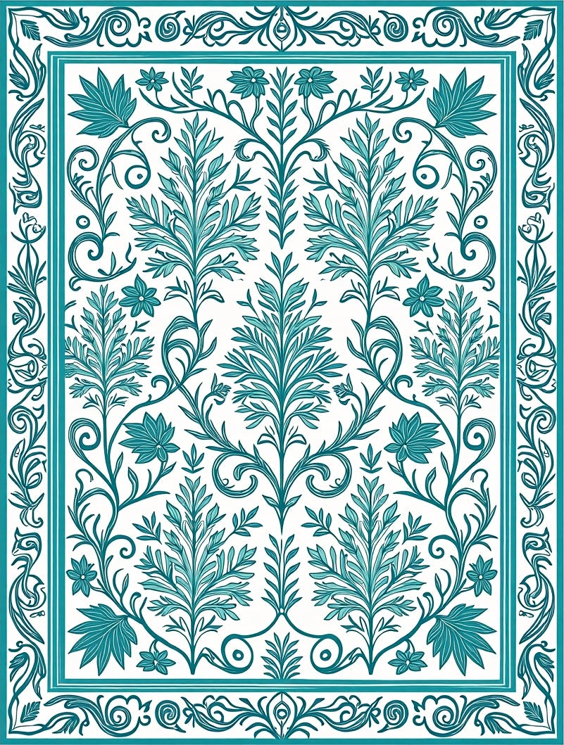 Teal Leaf and Floral Pattern Rug