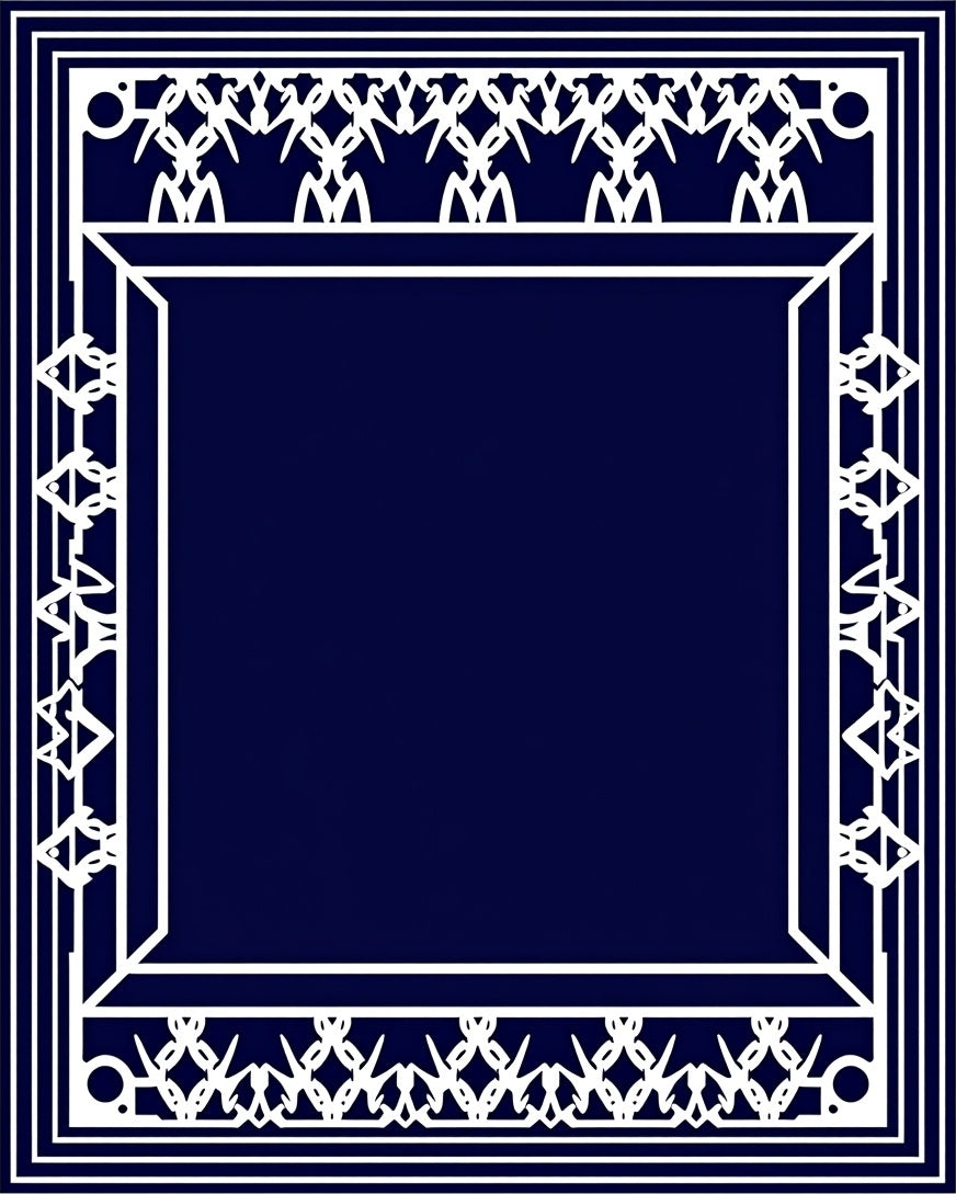 Navy White Ornate Geometric Frame Rug