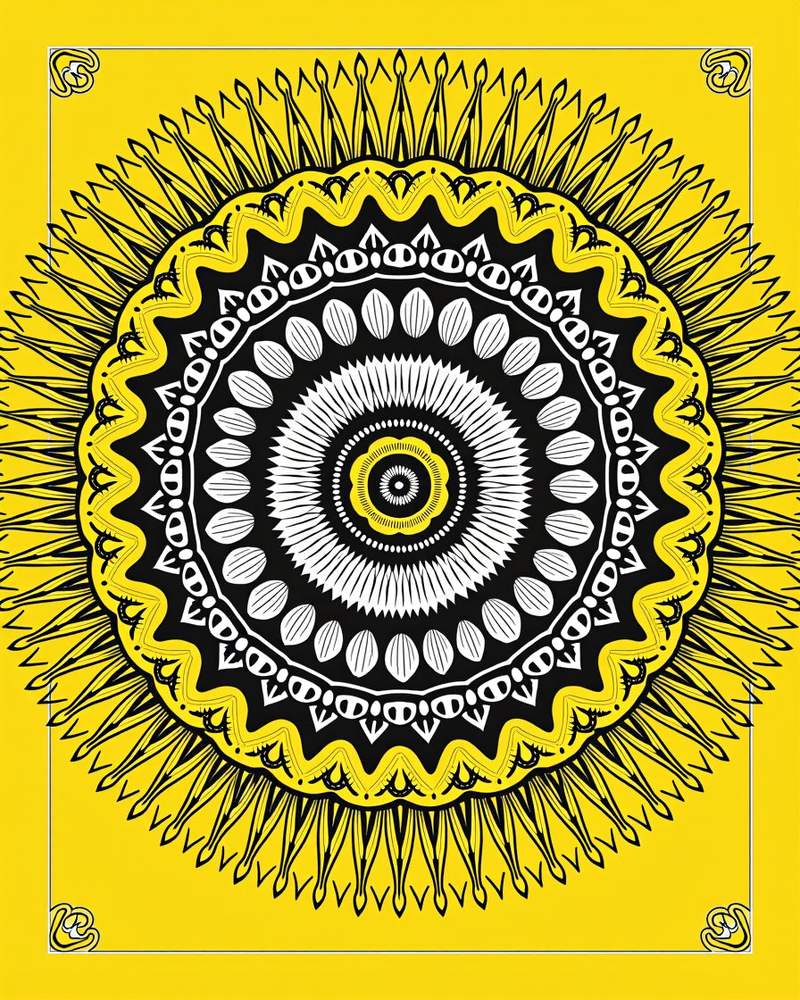 Radiant Yellow Sunburst Geometric Motif Rug
