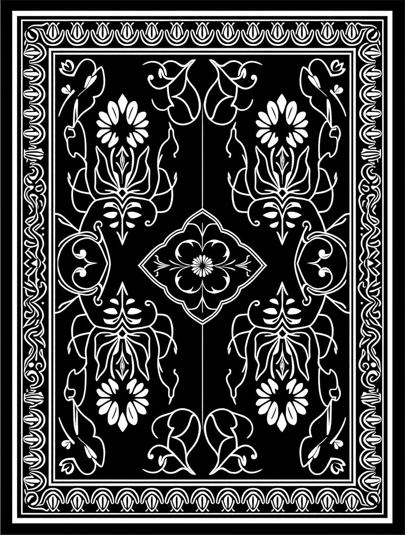Elegant Black White Floral Symmetry Rug