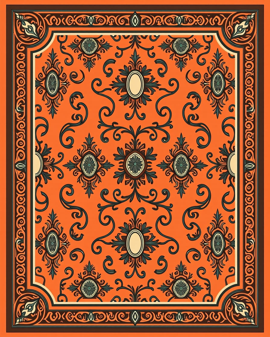 Orange Floral Scrollwork Classic Rug