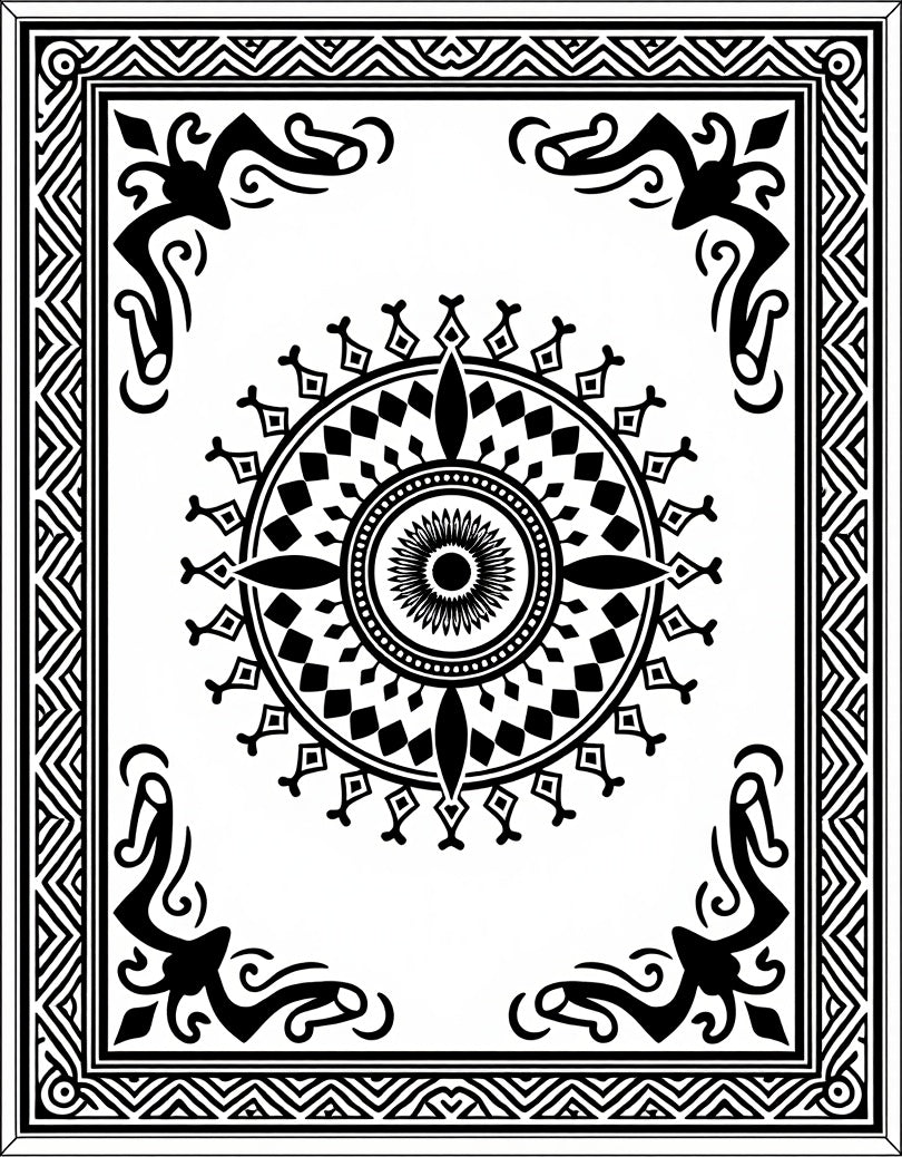Bold Black White Geometric Mandala Rug