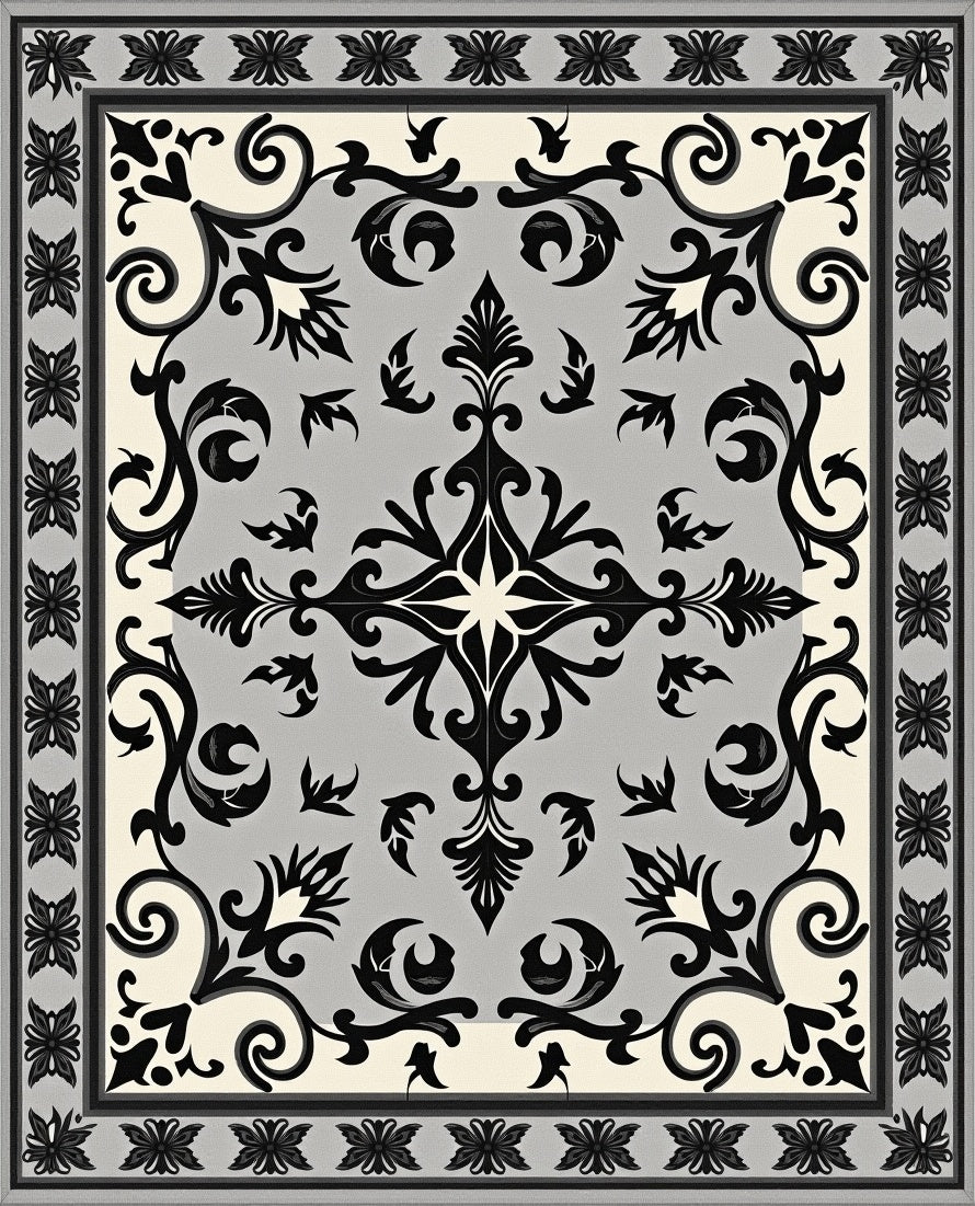 Ornate Black White Grey Floral Rug