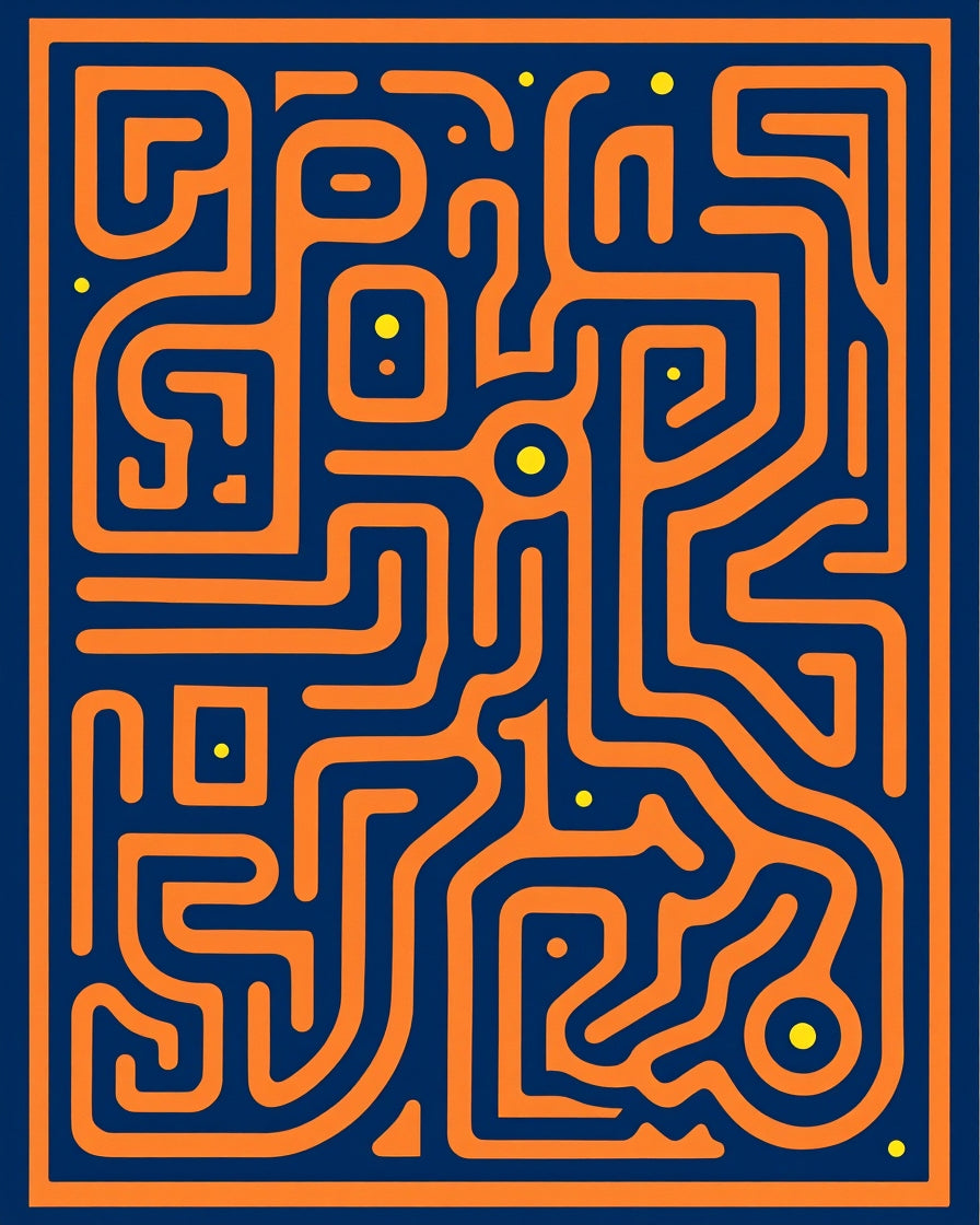 Orange Maze Pattern on Navy Rug