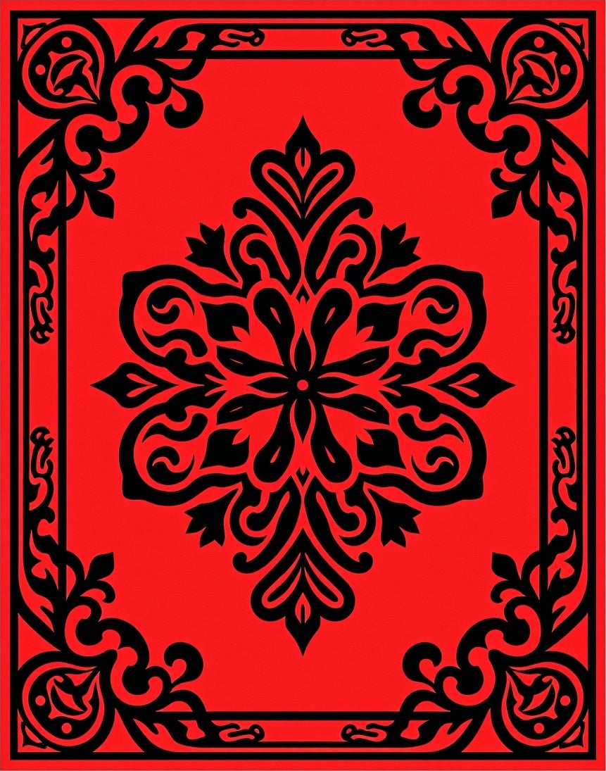 Red Black Floral Crest Design Rug
