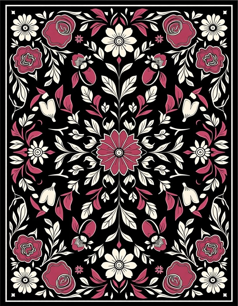 Rose Floral Pattern on Black Rug