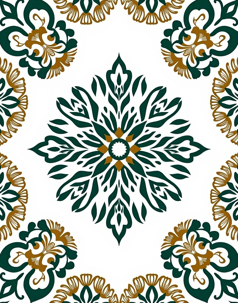 Elegant Deep Green Gold Floral Medallion Rug