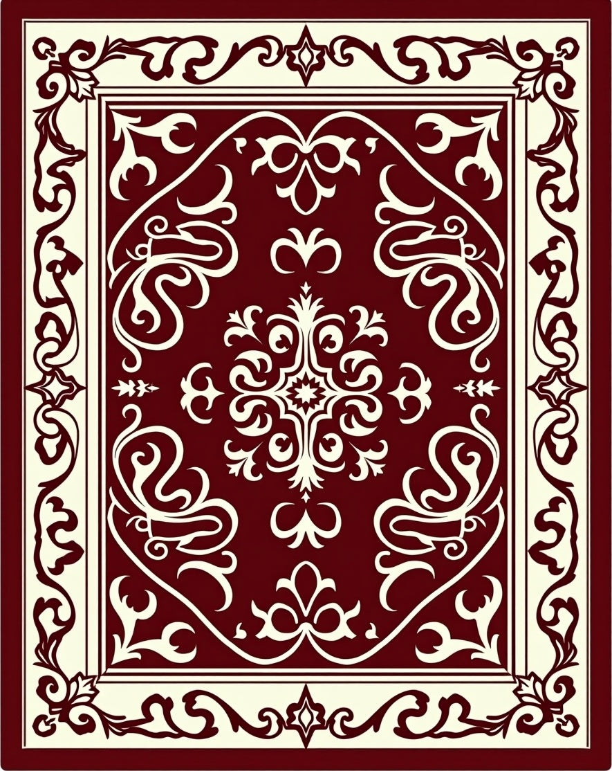 Rich Burgundy Ivory Ornate Pattern Rug