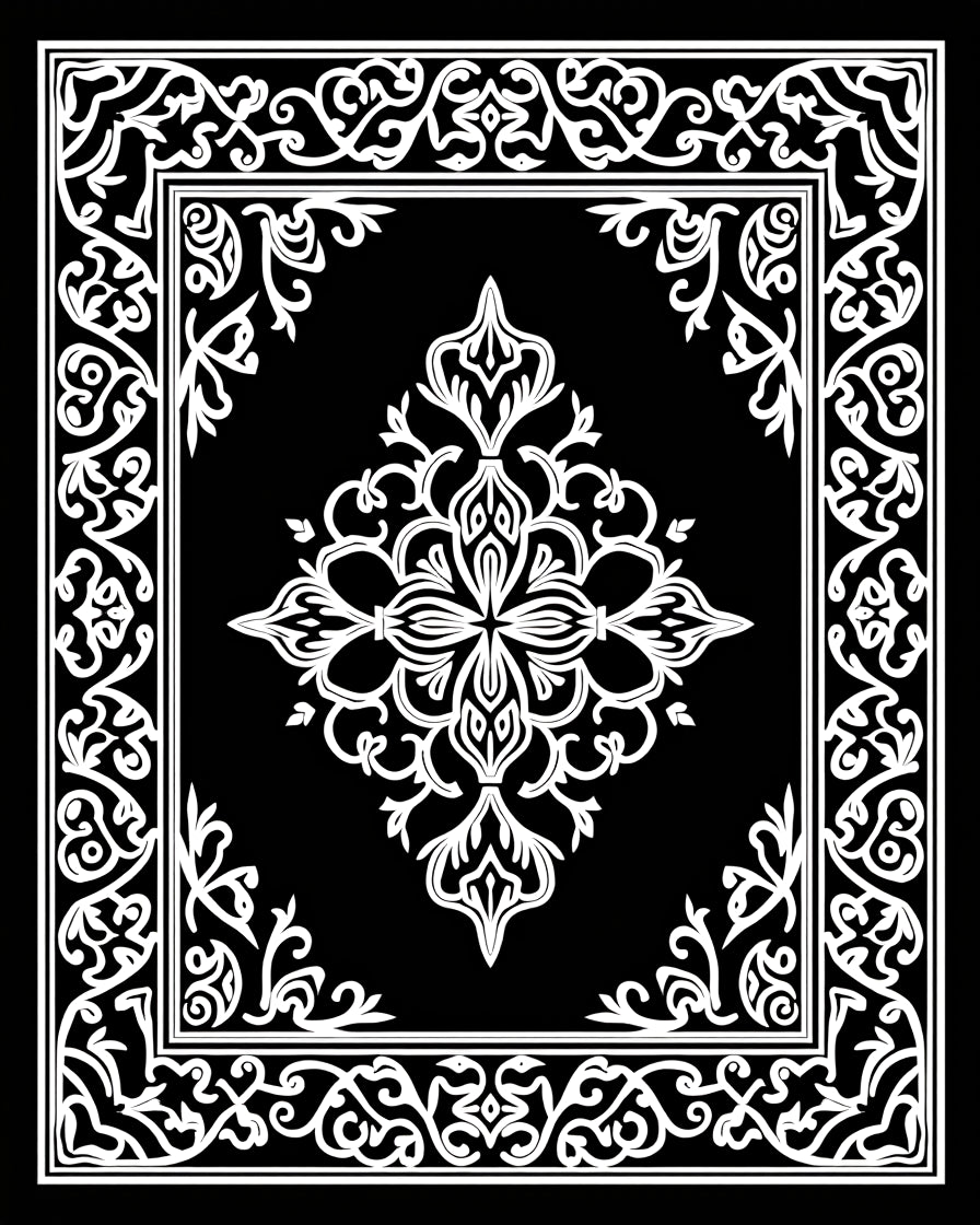 Intricate White Floral Border Design Rug