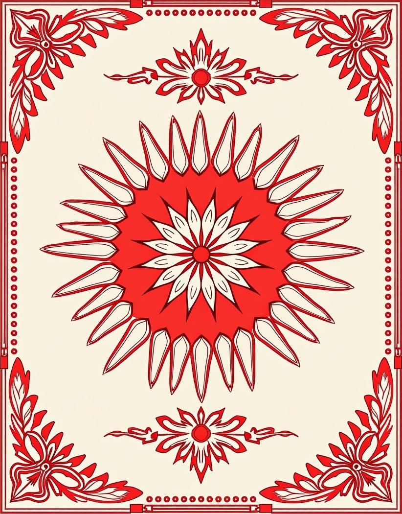 Red Floral Sunburst Border Pattern Rug
