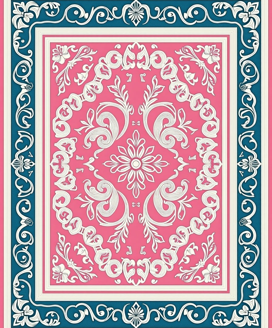 Pink With Blue Floral Scroll Border Rug