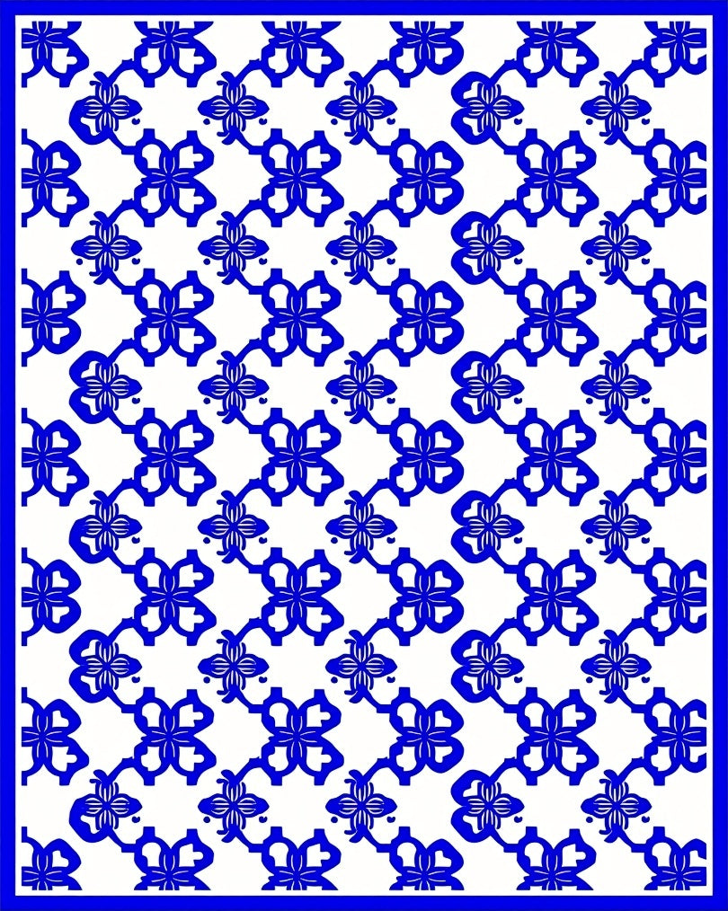 Blue White Floral Interlocking Pattern Rug