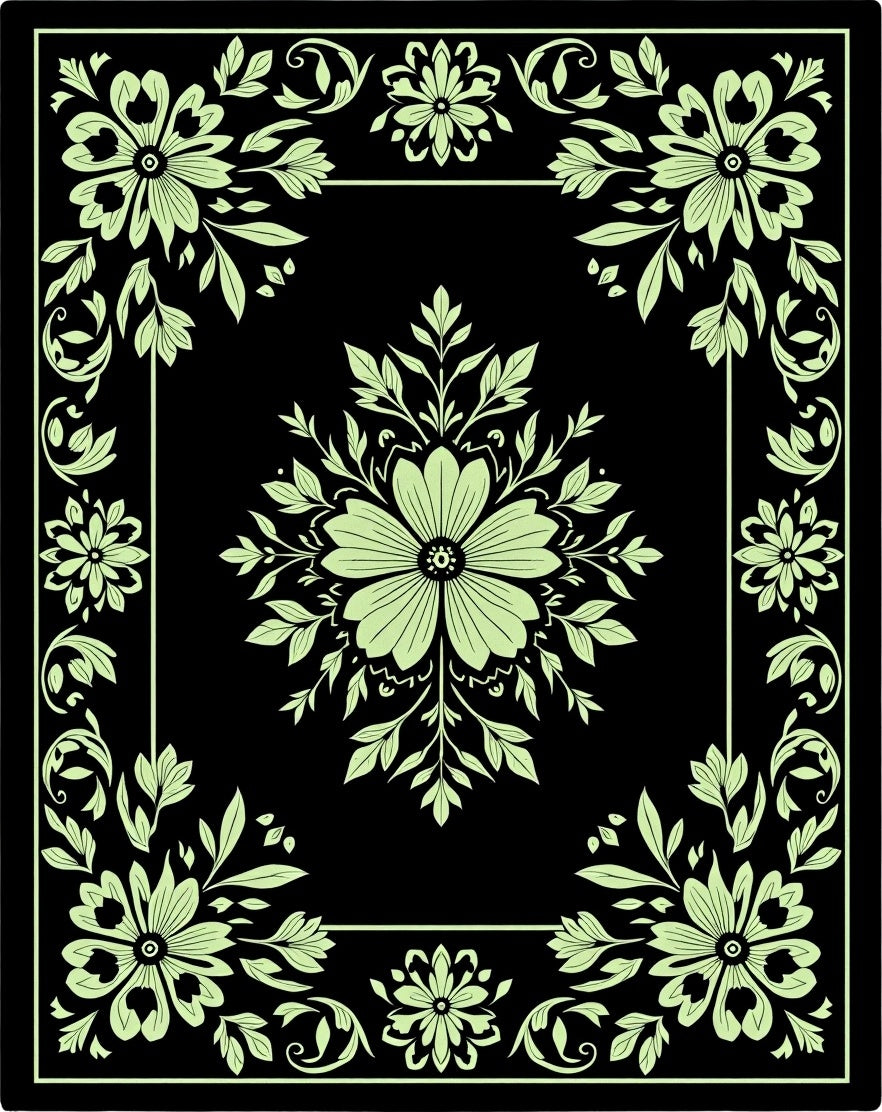 Ornate Floral Black Background Design Rug