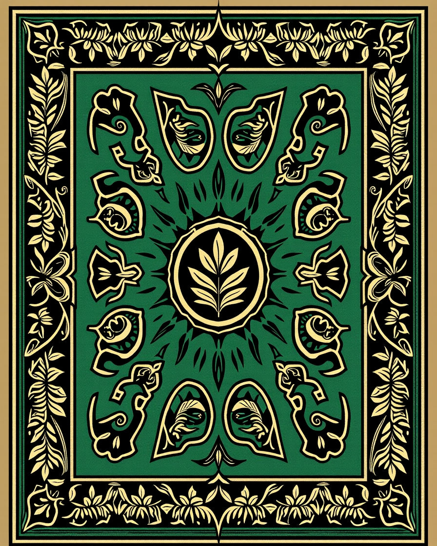 Emerald Gold Scrollwork Medallion Design Rug