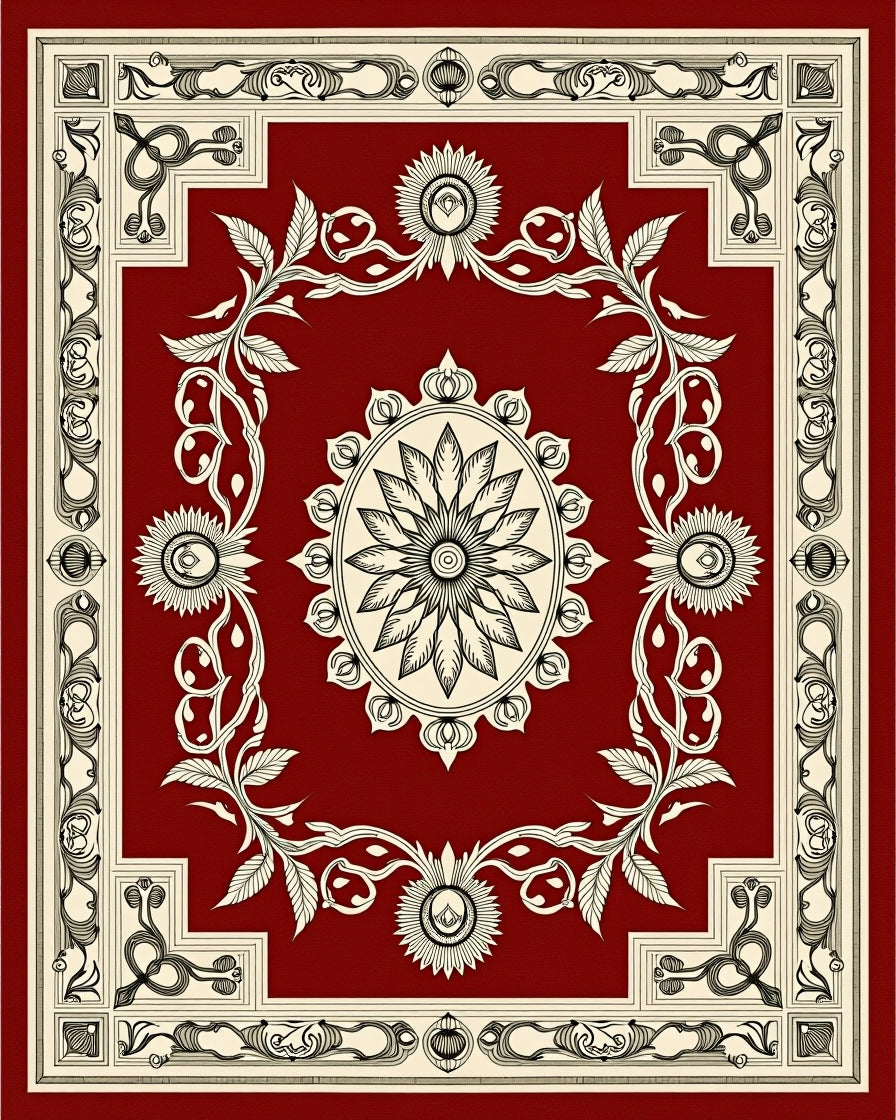 Elegant Red Floral Mandala Pattern Rug