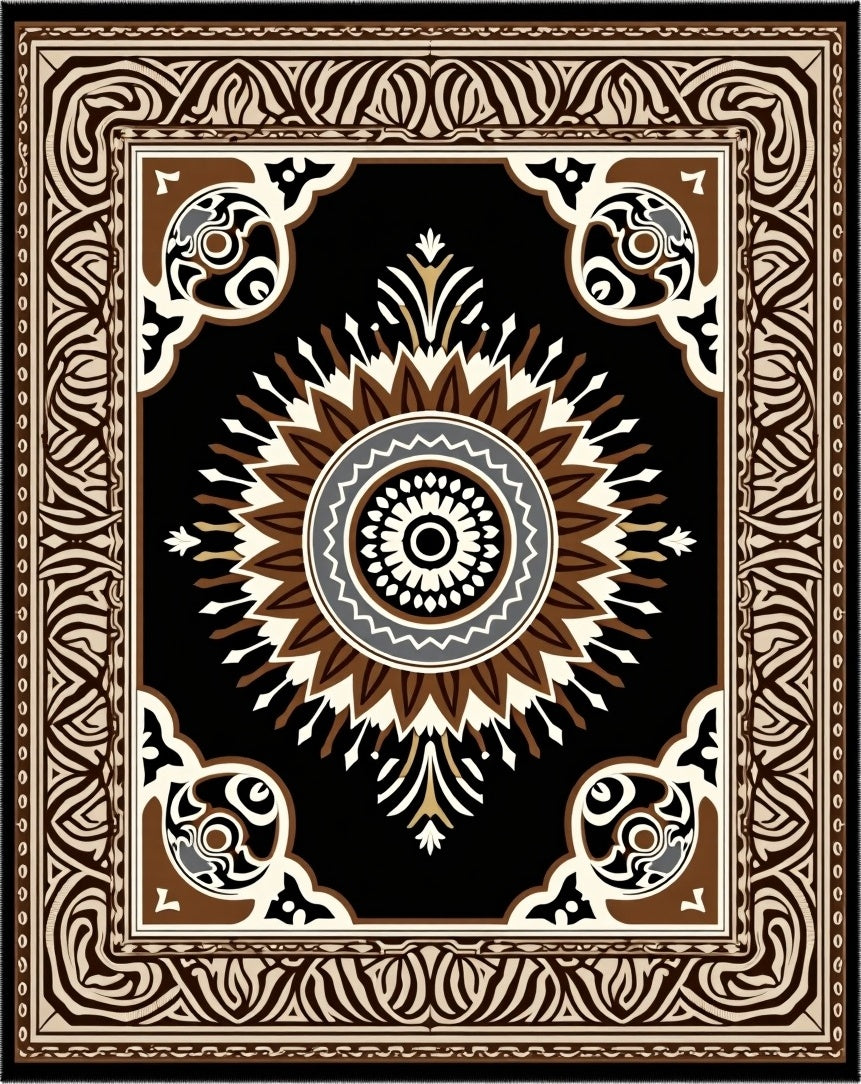 Ornate Radial Brown Black Pattern Rug