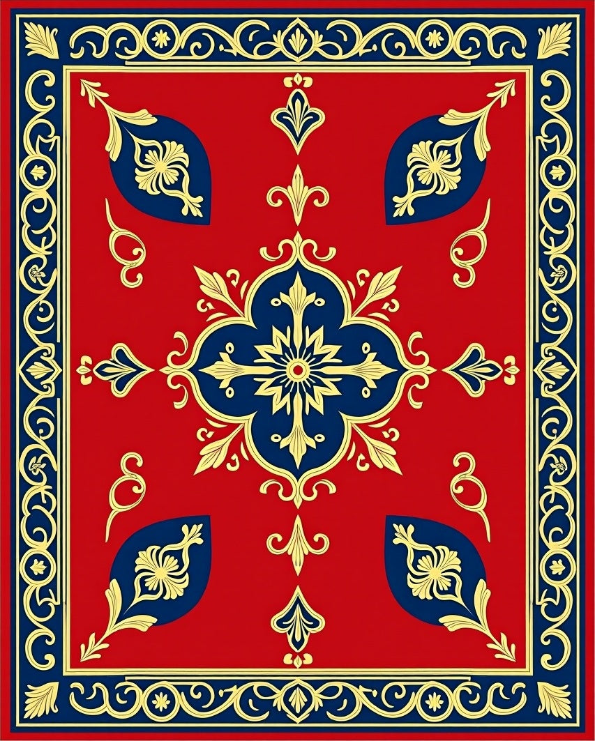 Ornate Red Blue Gold Floral Design Rug