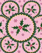 Pink Christmas Holly Snowflake Medallions Rug