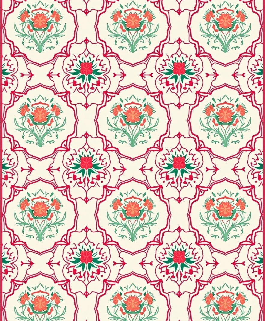 Ornate Floral Medallion Red Green Pattern Rug