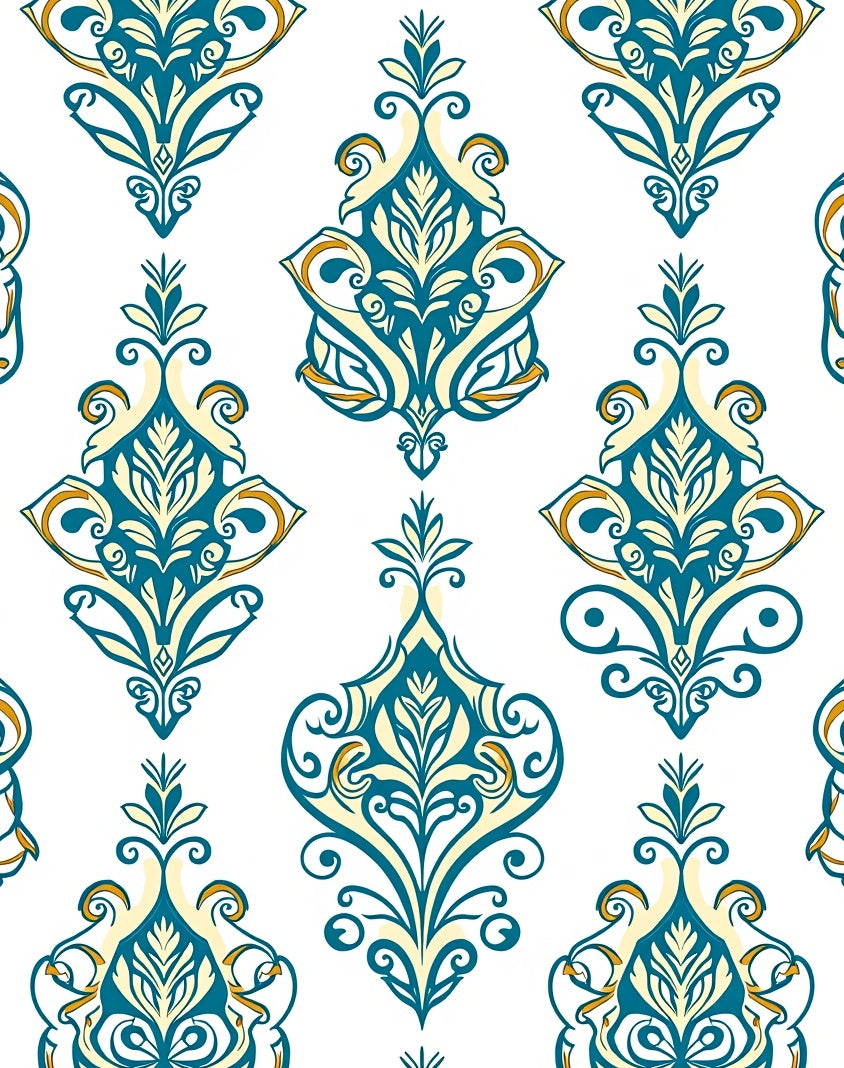 Elegant Teal Gold Damask Pattern Rug