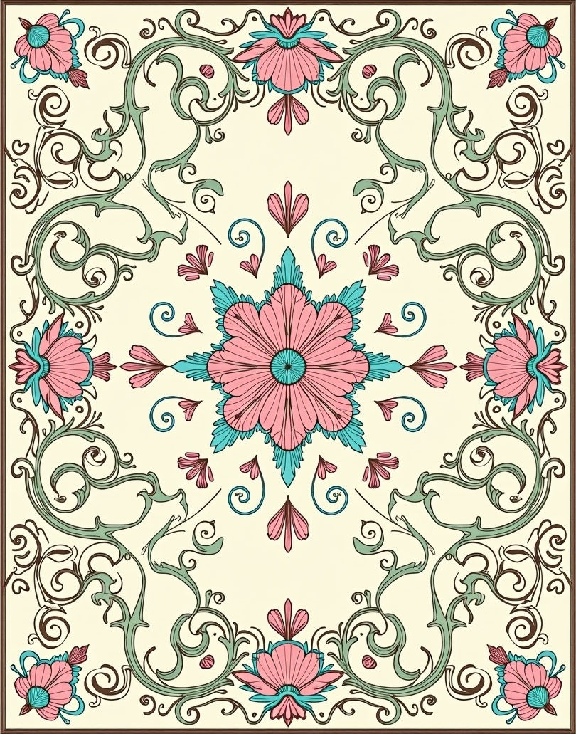 Elegant Pink Teal Floral Scrollwork Design Rug