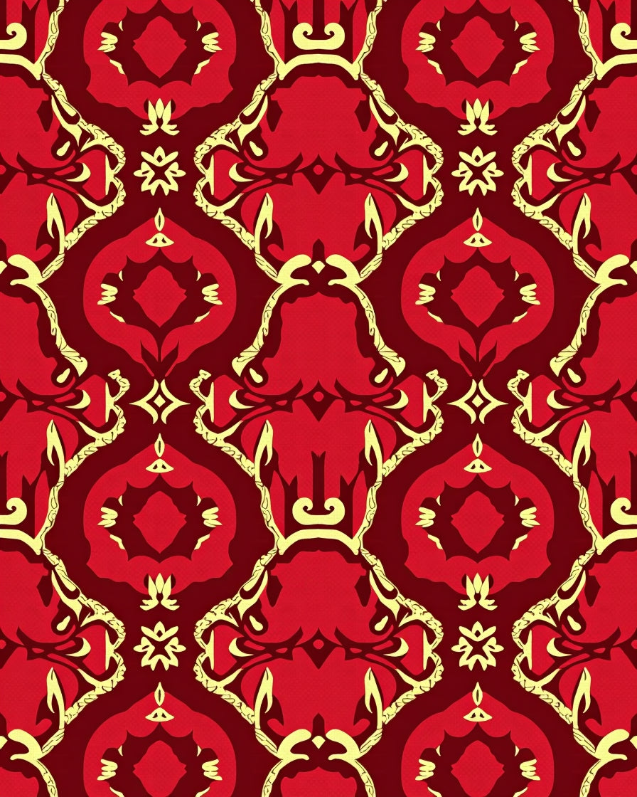 Red Yellow Ornate Scrollwork Pattern Rug