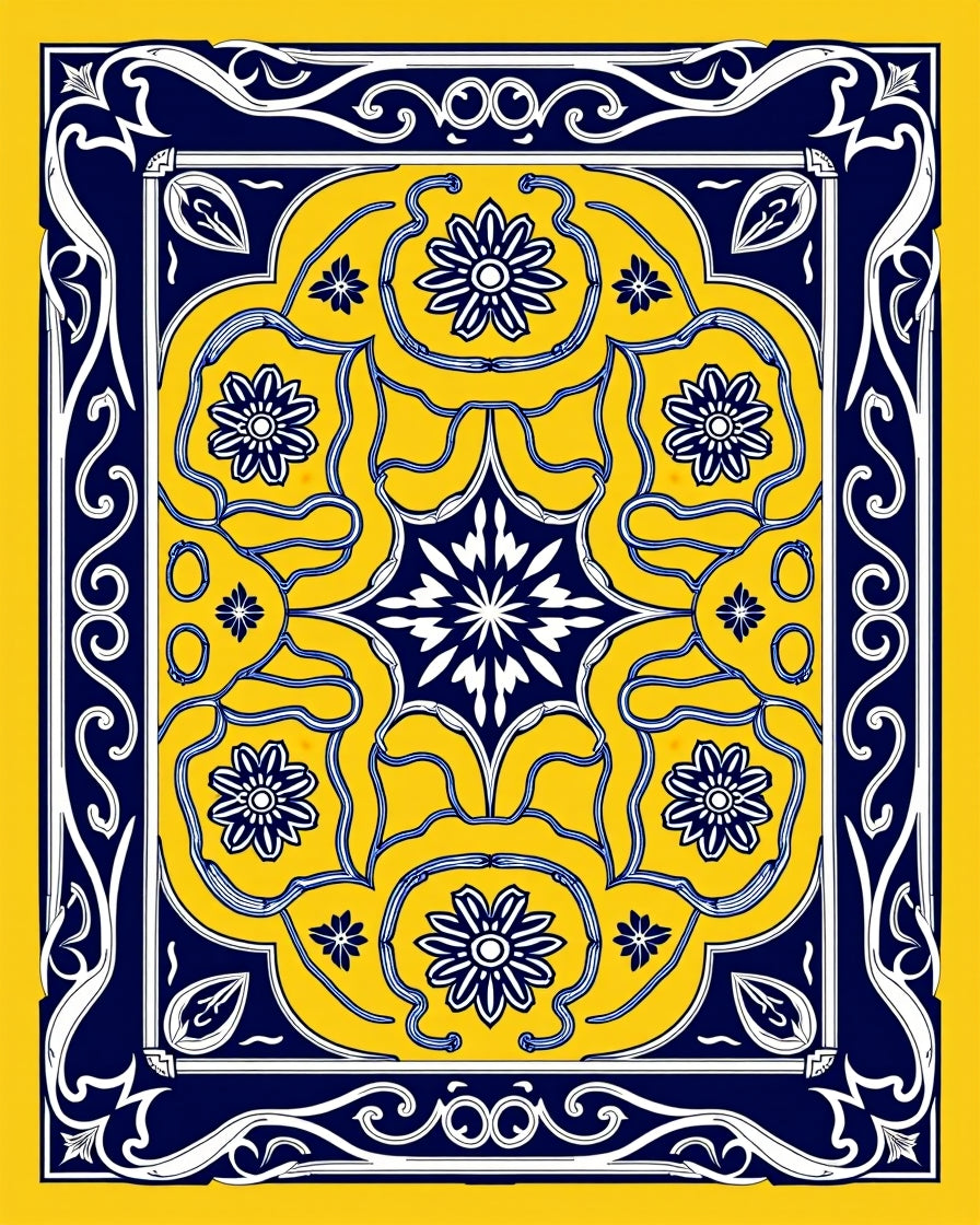 Bold Yellow Navy Floral Pattern Rug