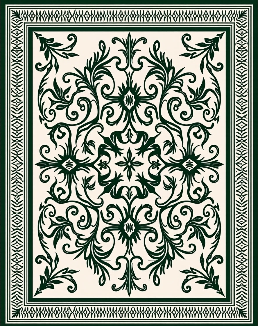 Ornate Scrollwork Bordered Floral Pattern Rug