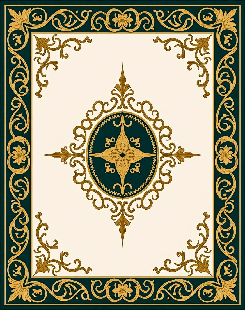 Ornate Gold Teal Floral Border Design Rug
