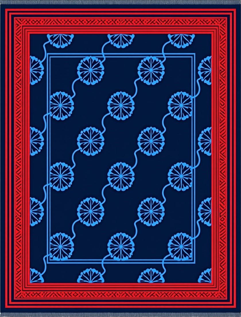 Red Blue Floral Stripe Pattern Rug