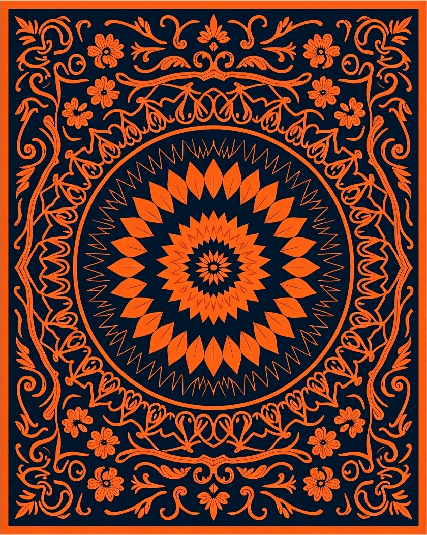Orange Floral Mandala Style Pattern Rug