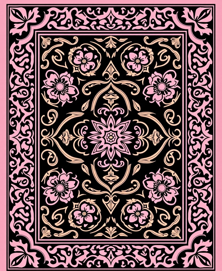 Pink With Black Floral Medallion Rug