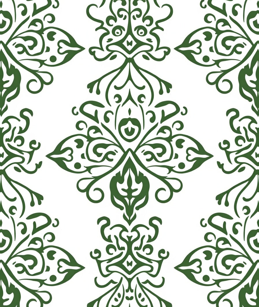 Ornate Green Damask Scroll Pattern Rug