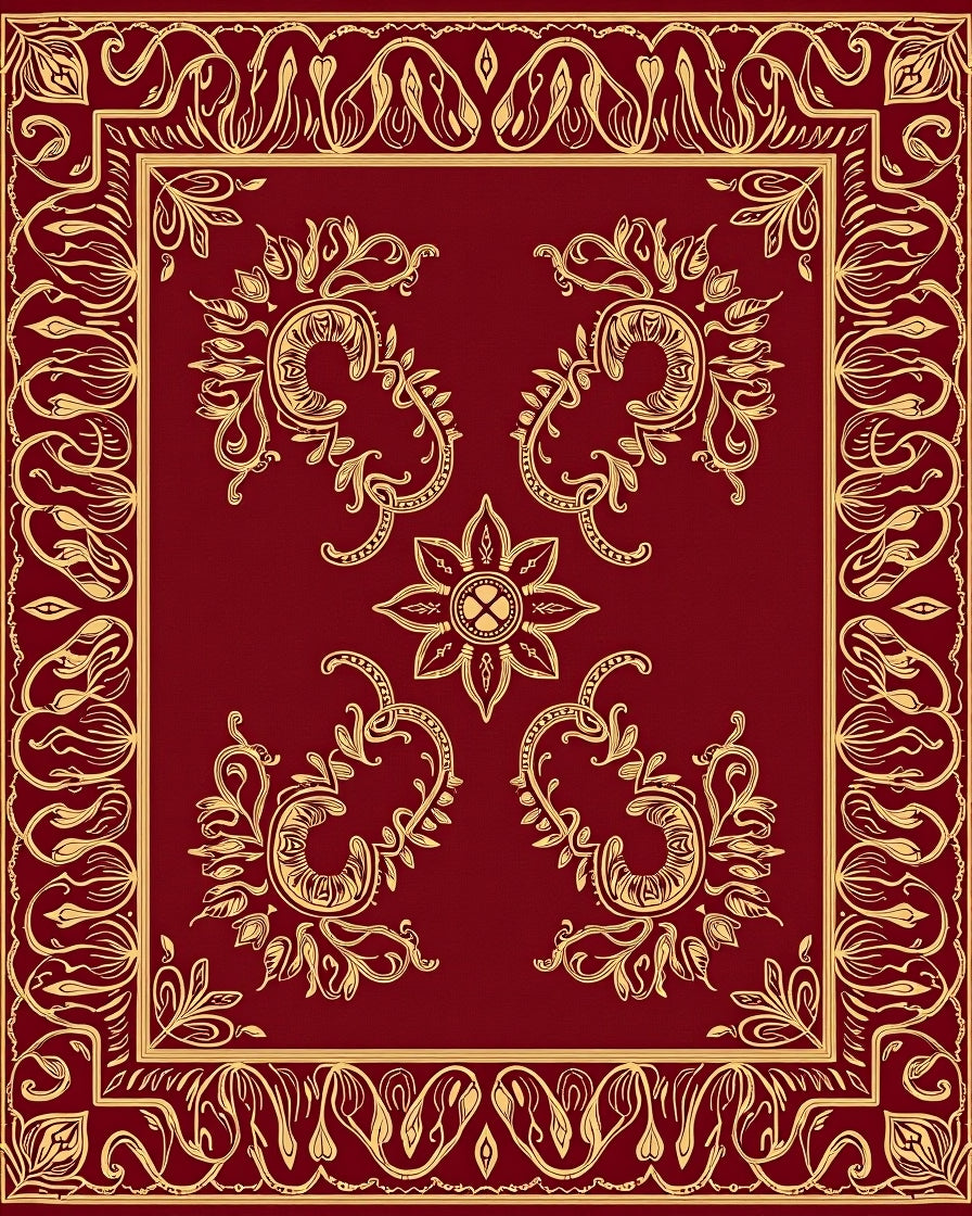 Rich Burgundy Gold Floral Pattern Rug