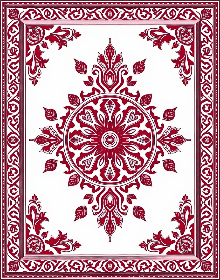 Classic Red White Medallion Border Rug